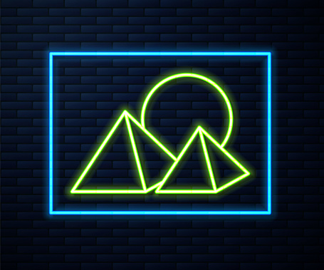 Glowing neon line Egypt pyramids icon isolated on brick wall background. Symbol of ancient Egypt. Vector.