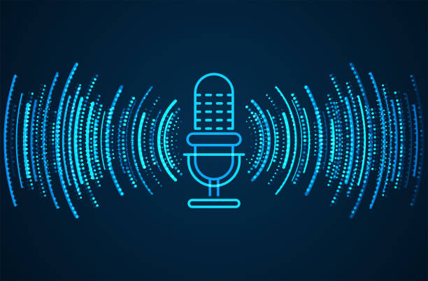 podcast concept. microphone with voice recording wave. future technology - wallpaper sample ilustracje stock illustrations