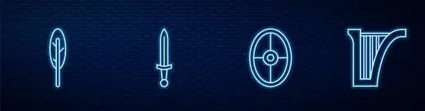 Vector illustration of Set line Greek shield, Feather pen, Medieval sword and Harp. Glowing neon icon on brick wall. Vector