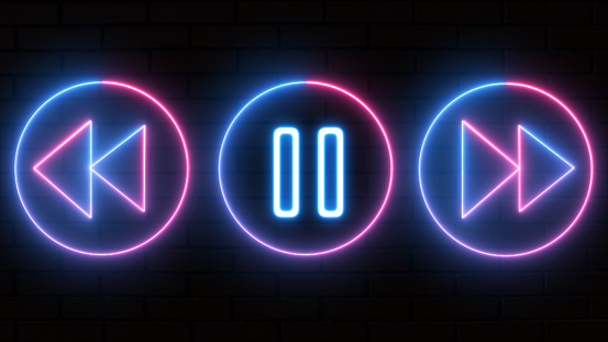 neon sounds play, fast forward and backward arrow button symbol icon. Music arrow button symbol. neon arrow sign