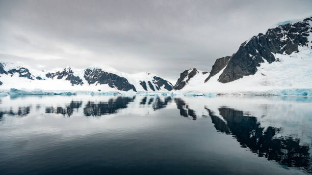 отражения антарктиды побережье канала лемэр - glacier antarctica crevasse ice стоковые фото и изображения