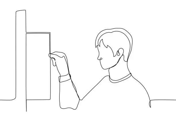 Vector illustration of male schoolboy holding open locker door - one line drawing. student looks into a locker he has opened