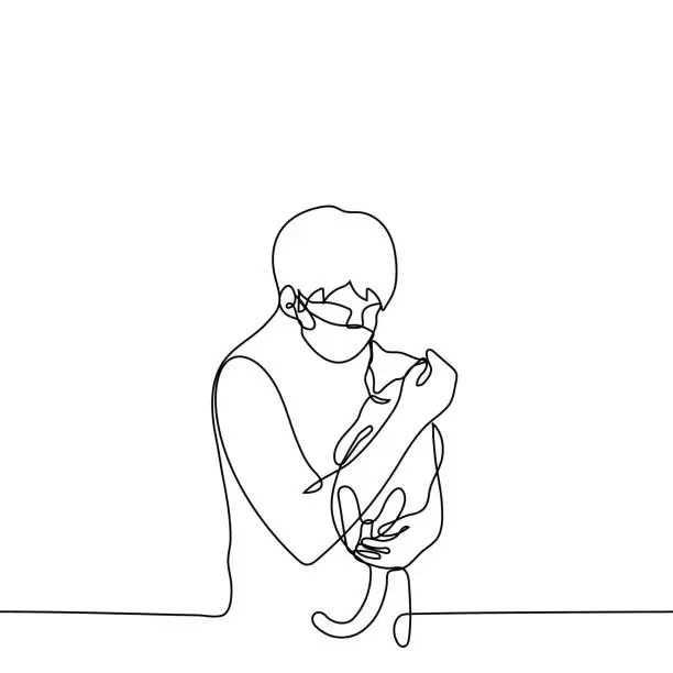 Vector illustration of veterinarian in a mask holds a cat in his arms - one line drawing. the concept of treating cats, going to the veterinary clinic, volunteer at the cat shelter
