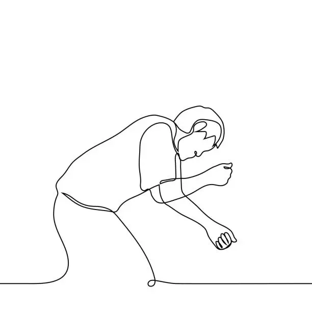 Vector illustration of man lying on the floor - one line drawing. the upper part of a male body lying on its side, his arms are exfoliated. concept of sleep, fainting, heart attack