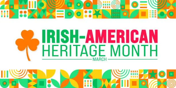 Vector illustration of march is Irish American Heritage Month geometric shape pattern background with clover leaf plant design template. use to background, banner, placard, card, and poster design template. vector