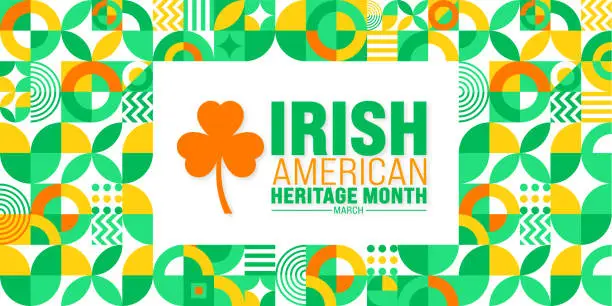 Vector illustration of march is Irish American Heritage Month geometric shape pattern background with clover leaf plant design template. use to background, banner, placard, card, and poster design template. vector