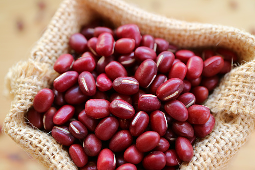 Closeup of Dried Adzuki Red Beans in a Burlap Bag