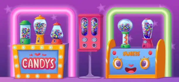 Vector illustration of Playground background. Game zone with vending machines for candy exact vector cartoon template