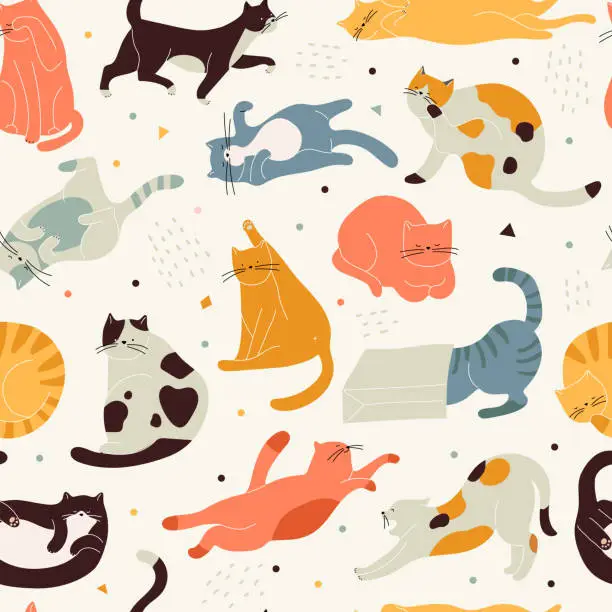 Vector illustration of Cats pattern. Domestic animals kitten background recent vector seamless pattern for textile design projects. domestic pattern background seamless