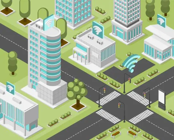 Vector illustration of Digital city isometric with free internet in different areas. Wifi in buildings and parks, on street. Technology town, modern urban flawless vector concept