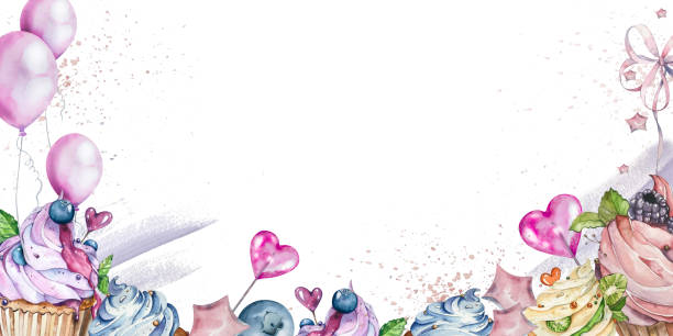 горизонтальный акварельный баннер сладостей: различные ягодно-фруктовые кексы, леденцы, конфеты. бантики и воздушные шары. на белом фоне. д� - fruitcake food white background isolated on white stock illustrations
