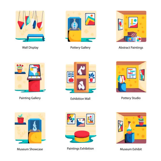 Vector illustration of Bundle of Art Exhibition Flat Icons
