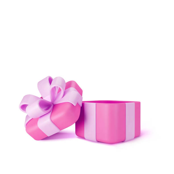 istock 3d pink open gift box standing on the floor with purple pastel ribbon bow isolated on a light background. 3d render modern holiday surprise box. Realistic vector icon 2009651659