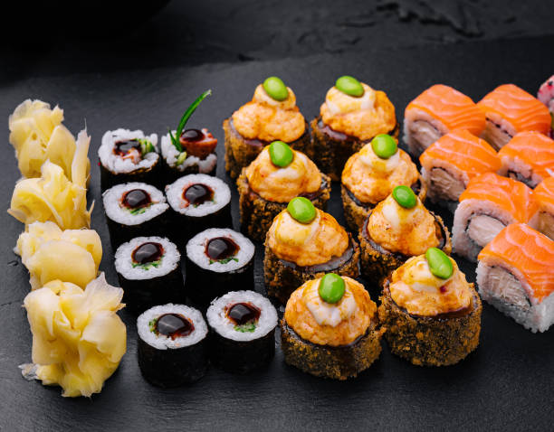 istock Sushi set on black slate top view 2009670287