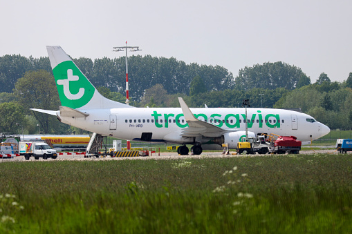 Boeing 737-800 at apron of at Rotterdam The Hague Airport operated by Transavia in the Netherlands