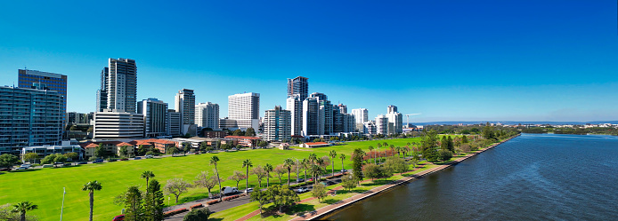 Perth skyline, Western Australia. Beautiful aerial view of city skyline along the river.