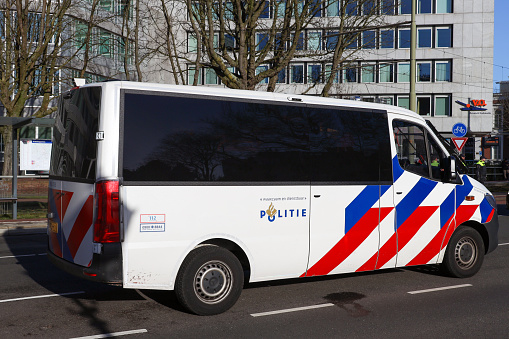 Police (Politie)  men and vehicles as riot police at a demonstration in The Hague in the Netherlands