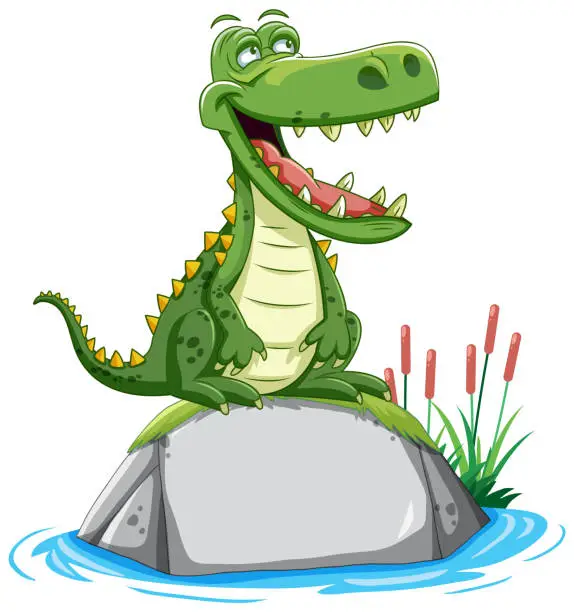 Vector illustration of Happy cartoon crocodile sitting on a stone