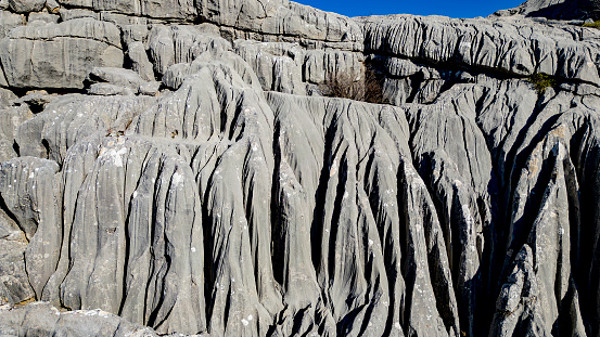 Changes, sharpness and cracks of limestone rocks over millions of years