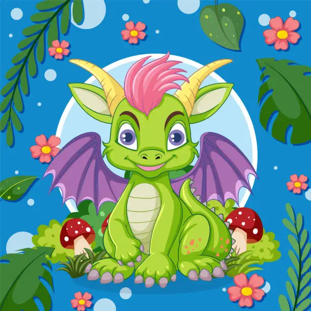 Vector illustration of Colorful dragon sitting among flowers and mushrooms