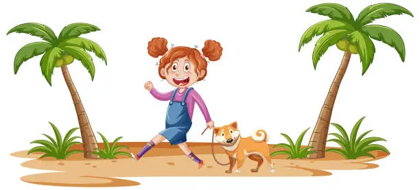 Vector illustration of Happy child playing with dog near palm trees