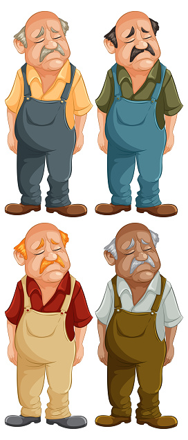Four cartoon men with various sad expressions.