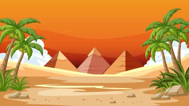 Vector illustration of Vector illustration of pyramids with palm trees