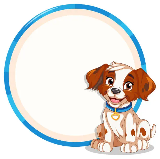 Vector illustration of Cartoon puppy sitting beside a circular frame