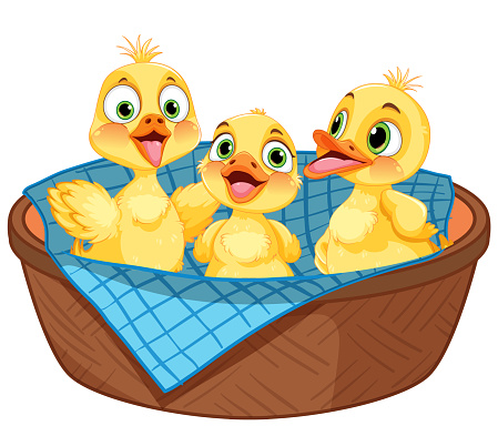 Cartoon ducklings smiling inside a woven basket