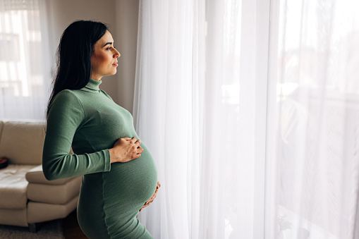 Pregnant woman in green dress holding her pregnant belly at home, maternity, pregnancy and motherhood concept