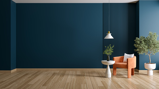 Dark Green modern living room interior , orenge armchair and white  table ,blue wall mockup ,3d  render