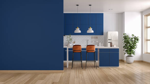 istock Blue kitchen room interior and   kitchen islands with breakfast bars , Blue wall mock up ,Modern style furniture ,3d render 2009692412