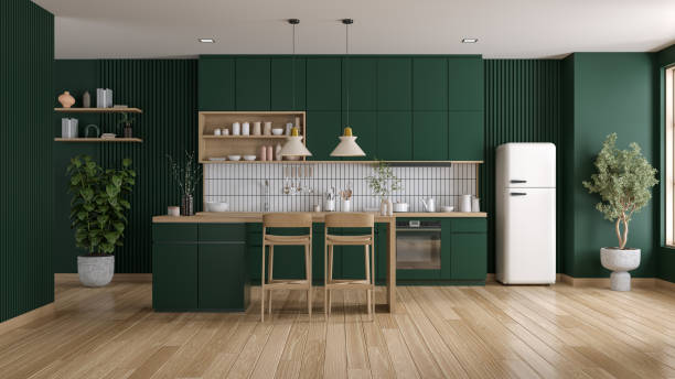 istock Dark green kitchen room interior and  kitchen islands with breakfast bars , Modern style furniture ,3d render 2009692419