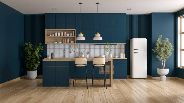 istock Blue kitchen room interior and  kitchen islands with breakfast bars , Modern style furniture ,3d render 2009692421