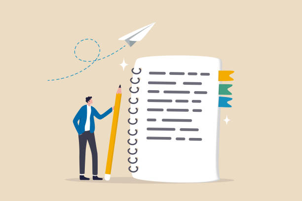 ilustraciones, imágenes clip art, dibujos animados e iconos de stock de escriba una nota o un mensaje en papel de cuaderno, un documento de escritura, un memorándum o una conferencia, registre la información, el concepto del diario o del artículo, el hombre de negocios que sostiene el mensaje de escritura a lápiz en el pap - escritor