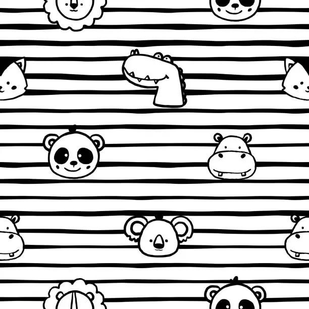 Vector illustration of Cute animal faces. Vector seamless black and white pattern. Doodle funny animals on strip background