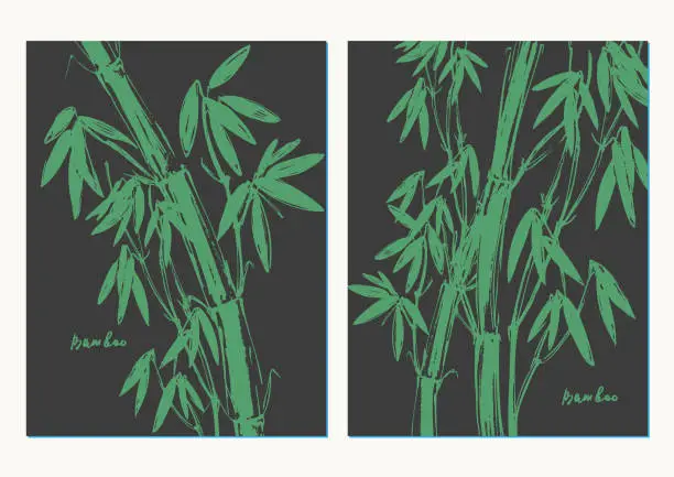 Vector illustration of Hand drawn ink brush painting of bamboo plant with leaves background