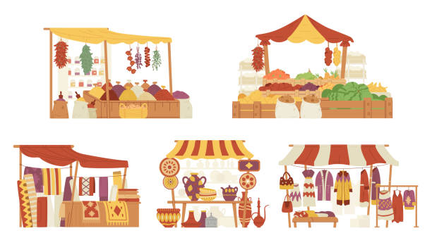 Middle Eastern bazaar stalls flat vector illustrations set. Vector set of exotic street shops in flat cartoon style. Middle Eastern bazaar stalls set. Spices, pottery, carpets, clothes, fruits and vegetables shops. art and craft stock illustrations