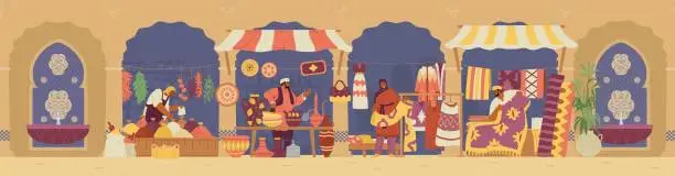 Vector illustration of Arabian street bazaar with sellers with pottery, carpets, clothes and spices stalls vector horizontal banner. Middle Eastern market flat vector illustration.