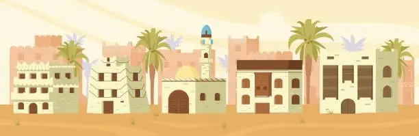Vector illustration of Ancient arabian city desert landscape with no people flat vector horizontal banner.