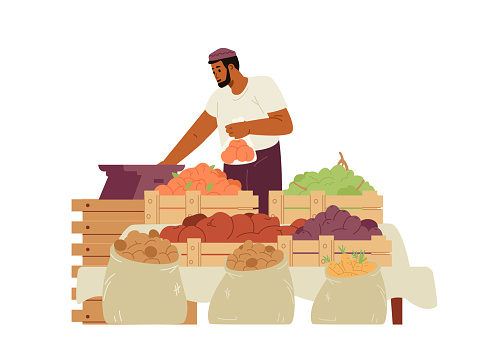 Arabian man selling fruits and vegetables flat vector illustration isolated on white. Middle Eastern man weighting fruits on a bazaar.