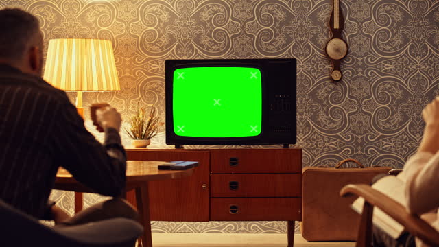 DS Couple sitting in the living room while an old TV set is turned on with a green screen