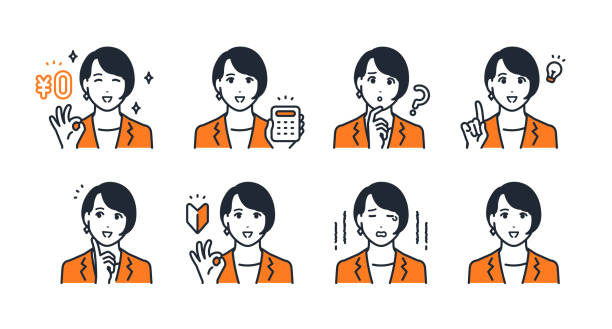 young business woman facial expression icon set material - light bulb women inspiration surprise stock illustrations