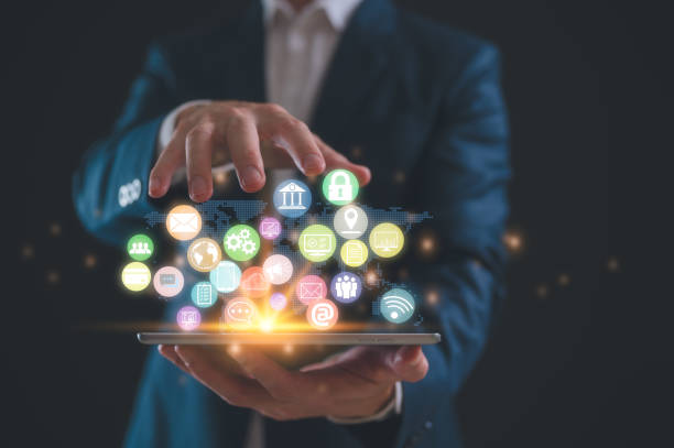 istock Social media interactions and cybersecurity concept with notification icons of message, email, tech icons, businessman or person hands pressing to icons 2009733528