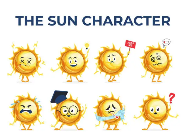 Vector illustration of Funny sun character cartoon comic summer bright emoticon set isometric vector illustration