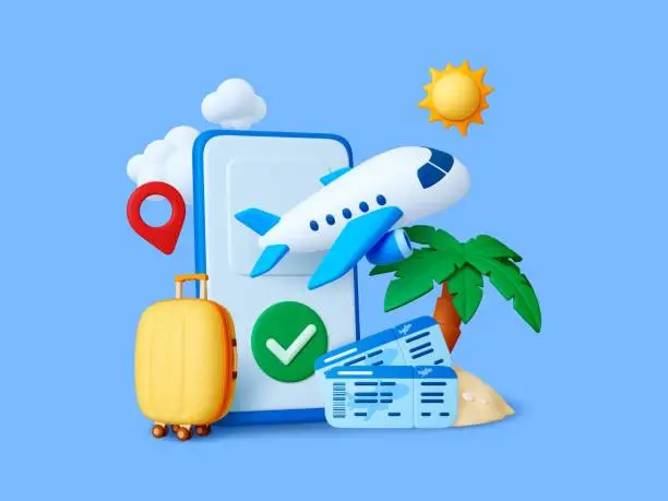Vector illustration of Travel concept 3d render. Air tourism, mobile app for buy tickets. Realistic plane, suitcase, palm tree on beach and clouds, pithy vector scene