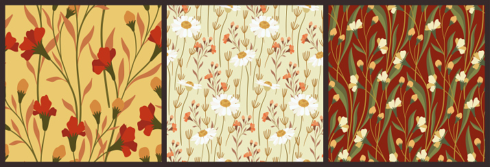 Seamless floral pattern, vintage flower print collection. Elegant botanical design with retro motif: hand drawn wild flowers, leaves, stems, different backgrounds. Beautiful vector botany illustration