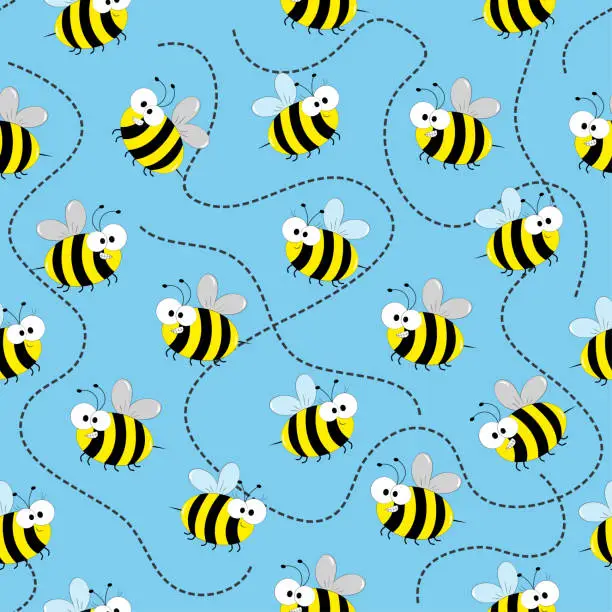 Vector illustration of Honey bee seamless pattern isolated on blue background