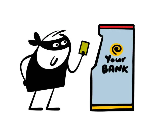 Vector illustration of Satisfied bandit holds bank card and is going to steal money. Vector illustration of bank machine, man in black mask steals passwords and data. Commits a crime online. Isolated on white background.