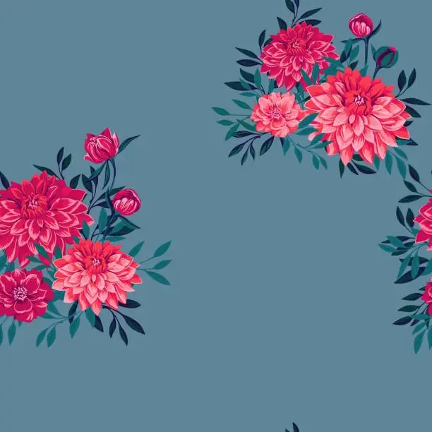 Vector illustration of Bright red stylized bouquets flowers  dahlias and tiny branches leaves seamless pattern. Abstract, artistic floral on a turquoise background. Vector drawn illustration. Design for fabric, fashion